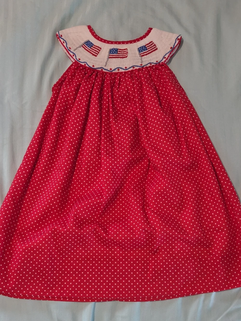 Smockingbird Kids Red Polka Dot Smocked Dress with Flag Motif